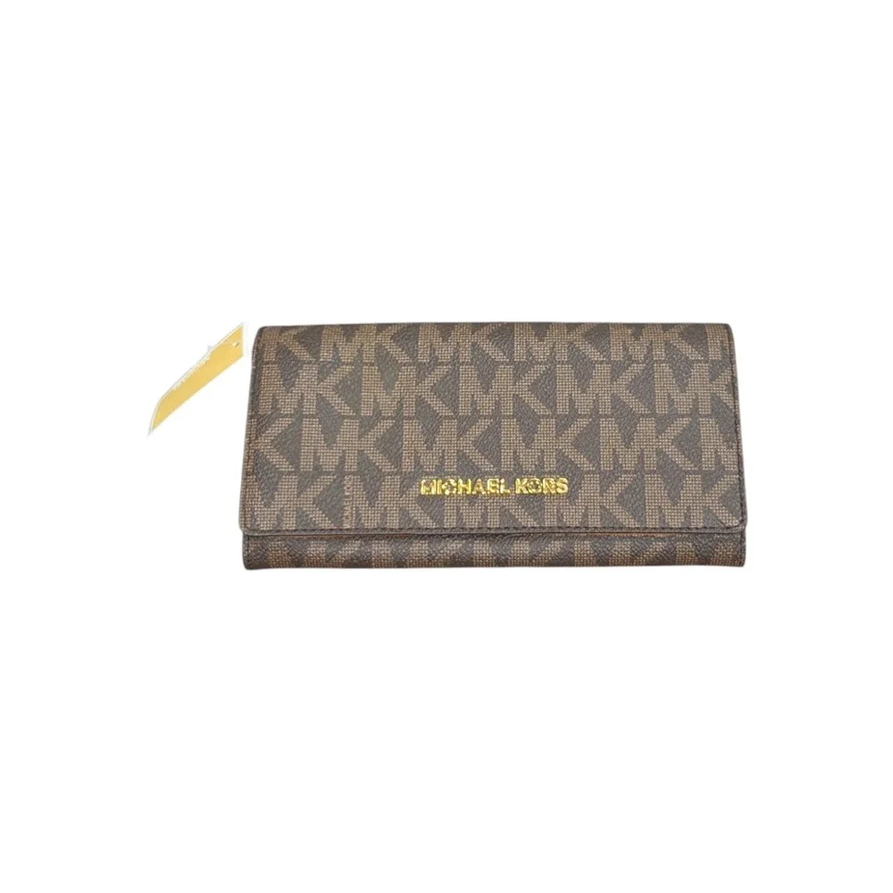 Michael Kors Jet Set Travel Carryall Wallet Brown Acorn Logo 35H6GYAE7B NEW